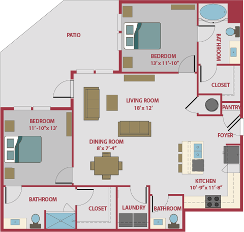 2 bed 2.5 bath floor plan A at Pinnacle Apartments, Jacksonville, FL, 32256